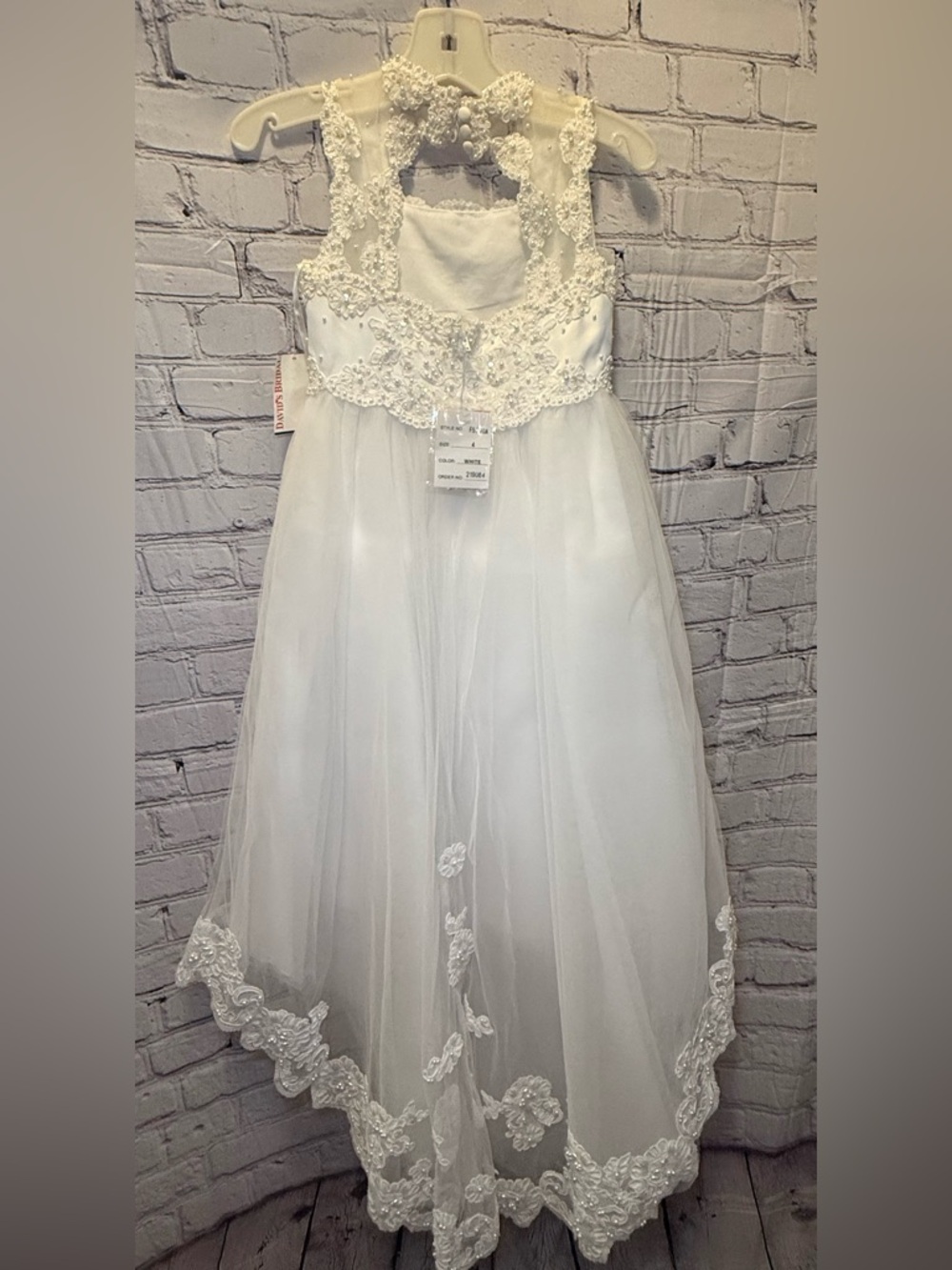 David's Bridal White Embroidered Tulle Flower Girl Dress - Picture 11 of 16